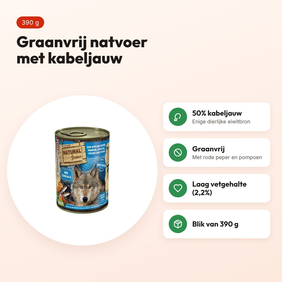 Natural Greatness hondenvoer kabeljauw, rode peper en pompoen 390 g – voordelen