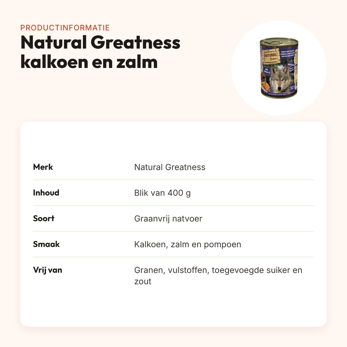 Natural Greatness hondenvoer kalkoen, zalm en pompoen 400 g – graanvrij – productinformatie