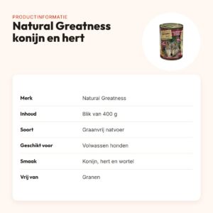 Natural Greatness hondenvoer konijn, hert en wortel 400 g – graanvrij – productinformatie