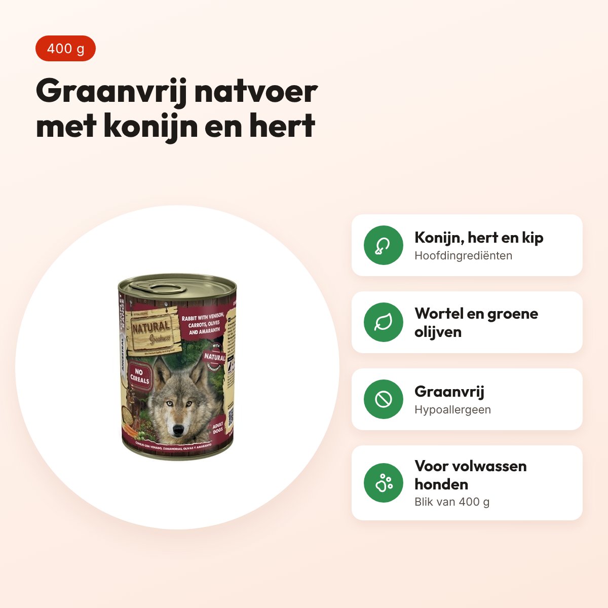 Natural Greatness hondenvoer konijn, hert en wortel 400 g – graanvrij – voordelen