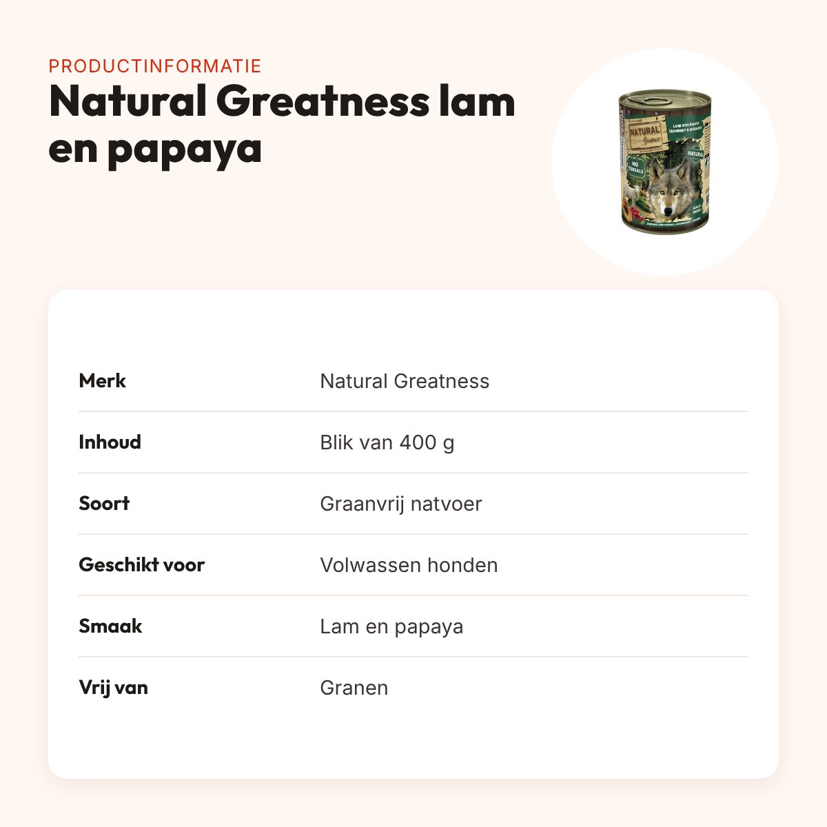 Natural Greatness hondenvoer lam en papaya 400 g – graanvrij – productinformatie