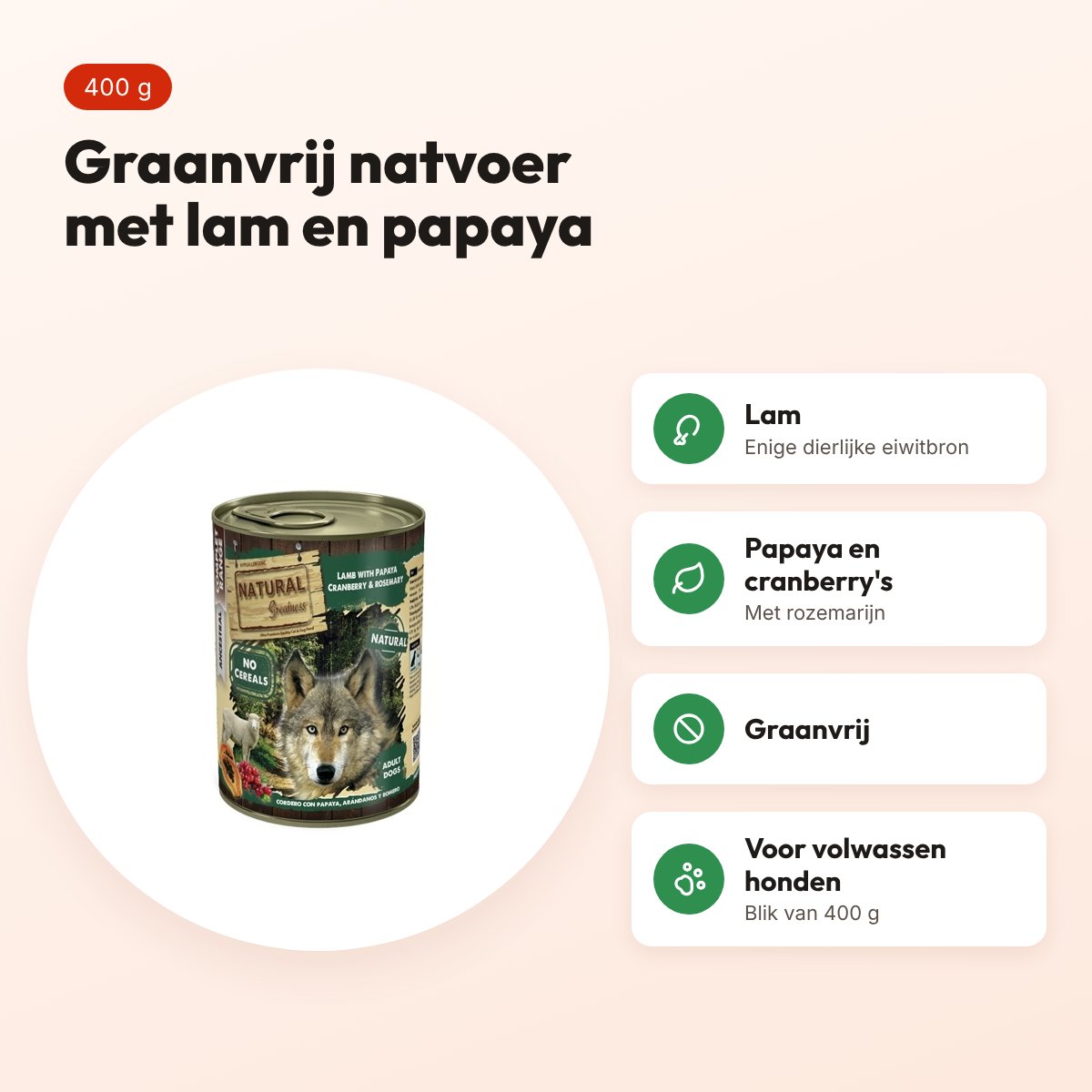 Natural Greatness hondenvoer lam en papaya 400 g – graanvrij – voordelen