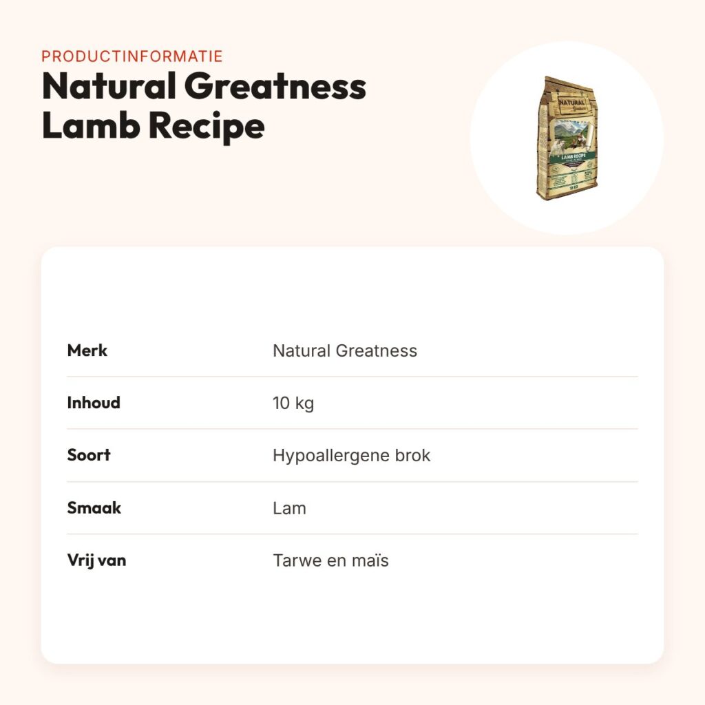 Natural Greatness hondenvoer Lamb Recipe lam 10 kg – hypoallergeen – productinformatie