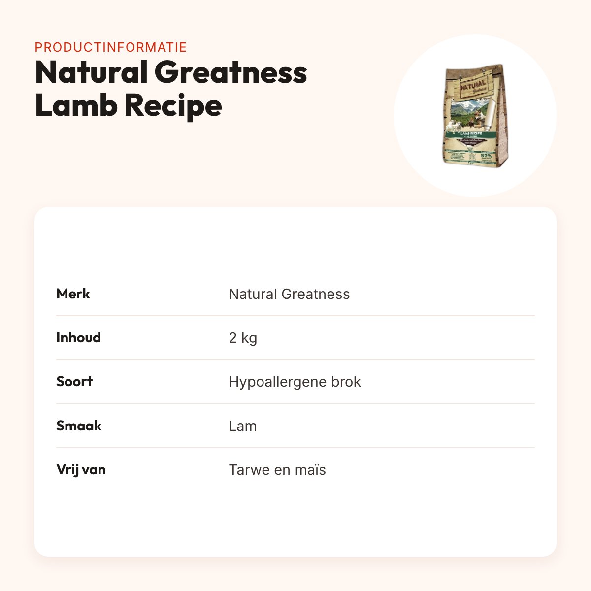 Natural Greatness hondenvoer Lamb Recipe lam 2 kg – hypoallergeen – productinformatie