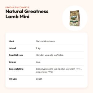 Natural Greatness hondenvoer Lamb Sensitive Mini lam 2 kg – graanvrij – productinformatie