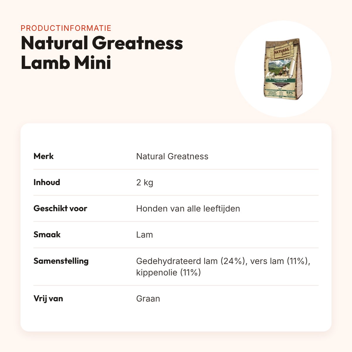 Natural Greatness hondenvoer Lamb Sensitive Mini lam 2 kg – graanvrij – productinformatie