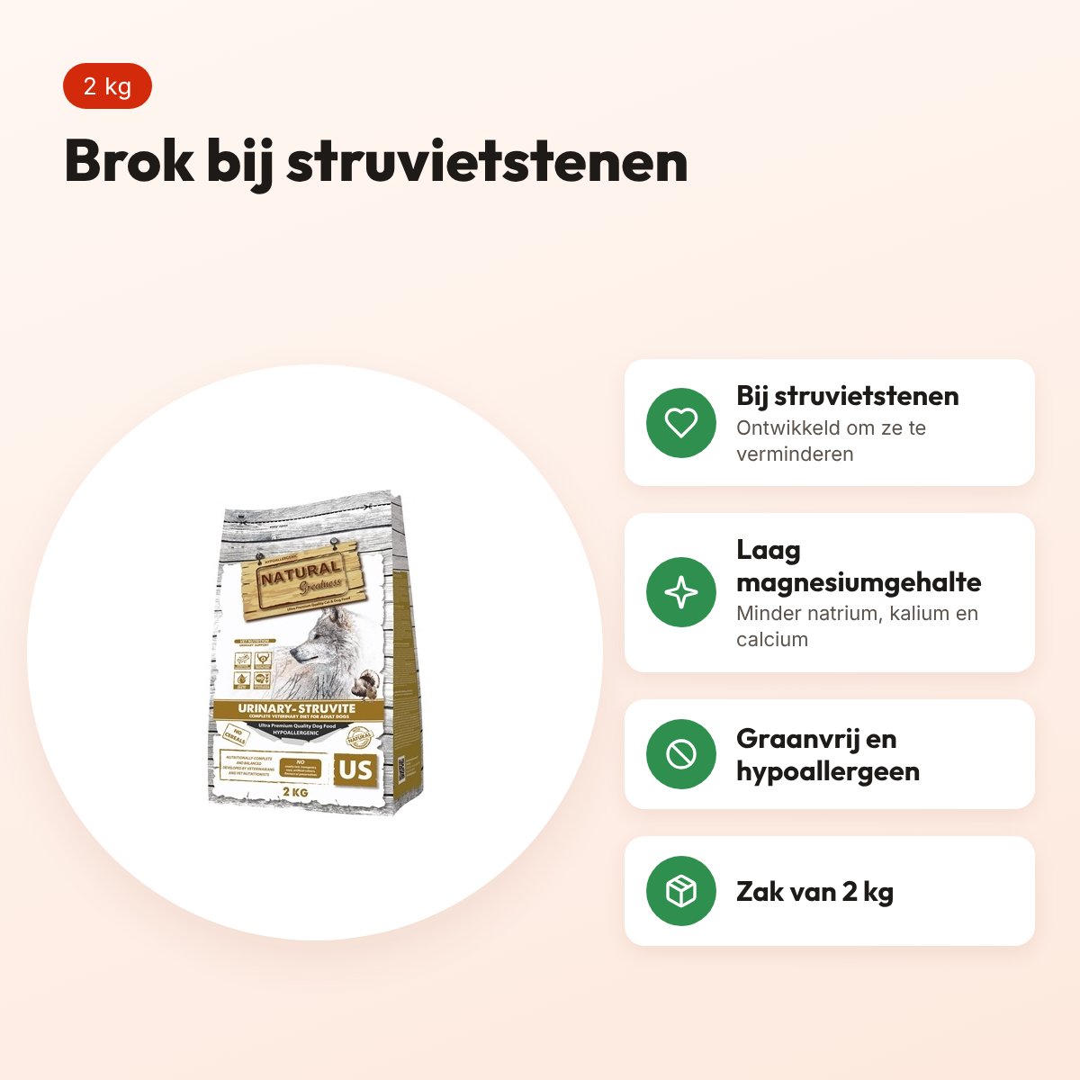 Natural Greatness hondenvoer Veterinary Diet Urinary Struvite 2 kg – voordelen