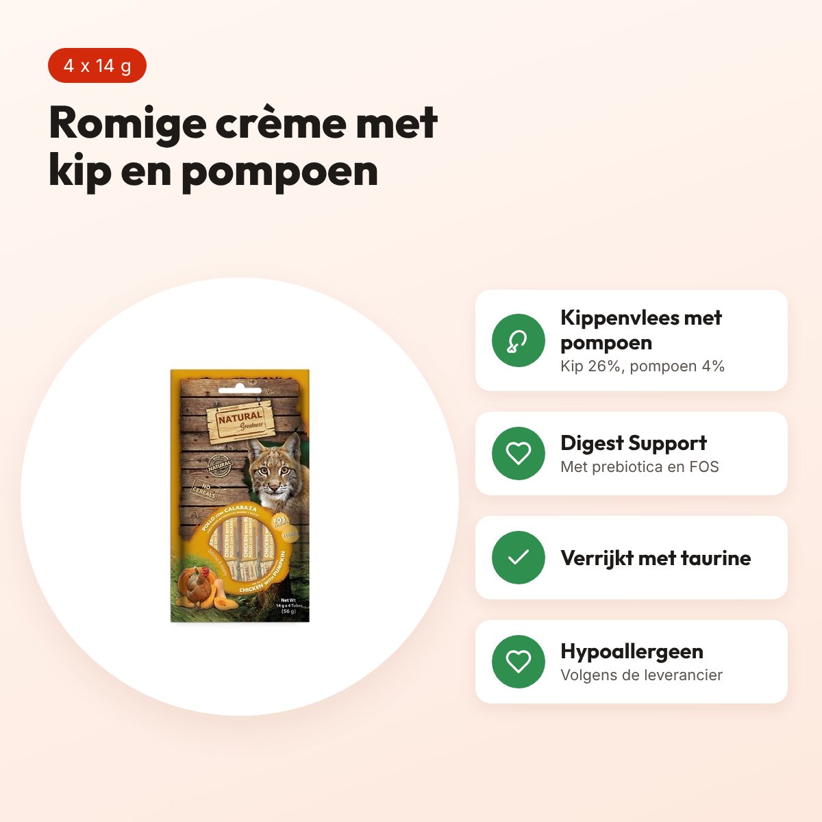 Natural Greatness kattensnack kip met pompoen 4 x 14 g – Digest Support – voordelen