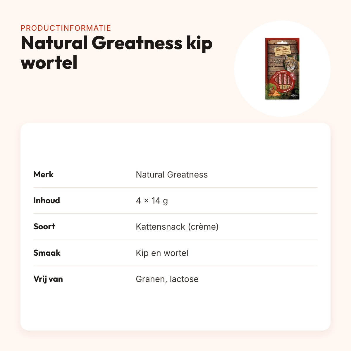 Natural Greatness kattensnack kip met wortel 4 x 14 g – Vision Support – productinformatie