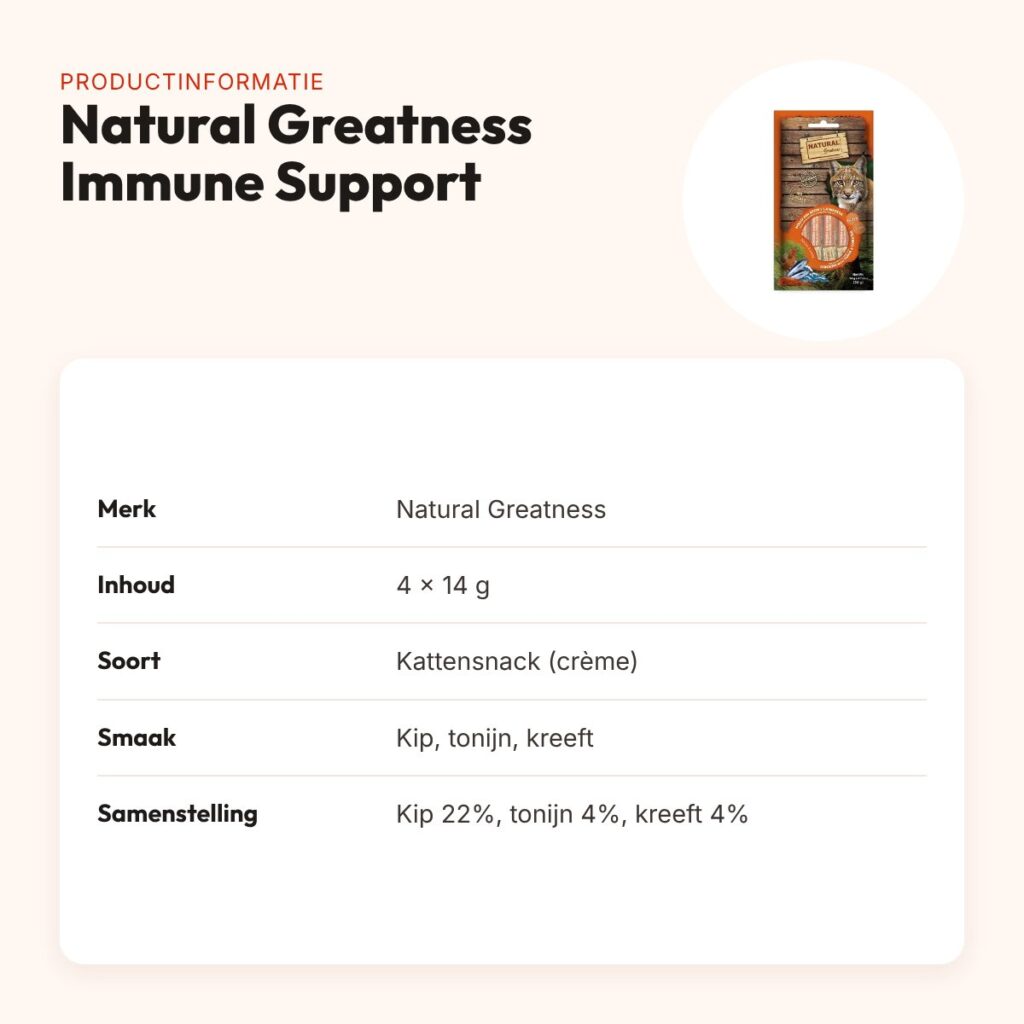 Natural Greatness kattensnack kip, tonijn, kreeft 4 x 14 g – Immune Support – productinformatie