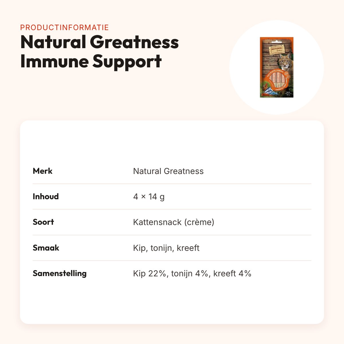 Natural Greatness kattensnack kip, tonijn, kreeft 4 x 14 g – Immune Support – productinformatie