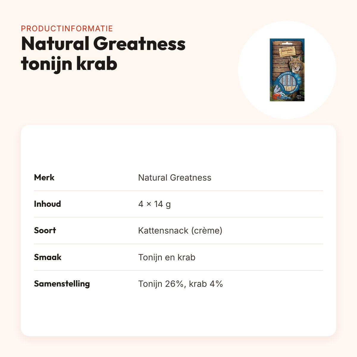 Natural Greatness kattensnack tonijn en krab 4 x 14 g – Skin Support – productinformatie