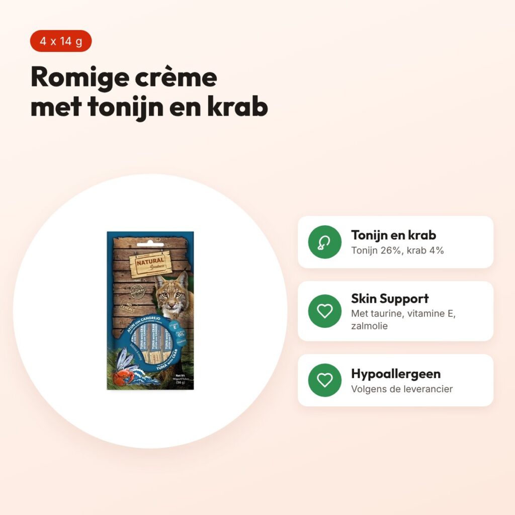 Natural Greatness kattensnack tonijn en krab 4 x 14 g – Skin Support – voordelen