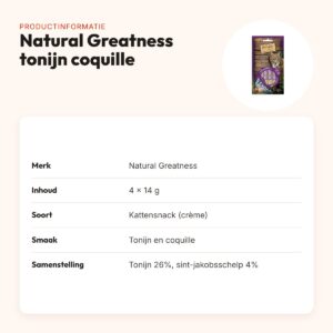 Natural Greatness kattensnack tonijn met coquille 4 x 14 g – Brain Support – productinformatie