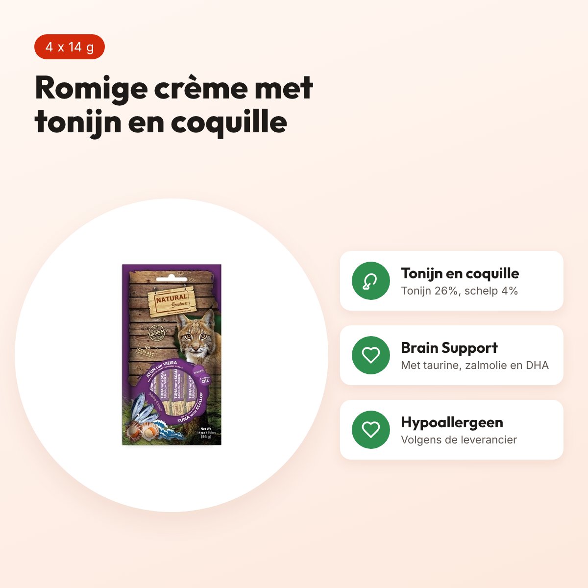 Natural Greatness kattensnack tonijn met coquille 4 x 14 g – Brain Support – voordelen