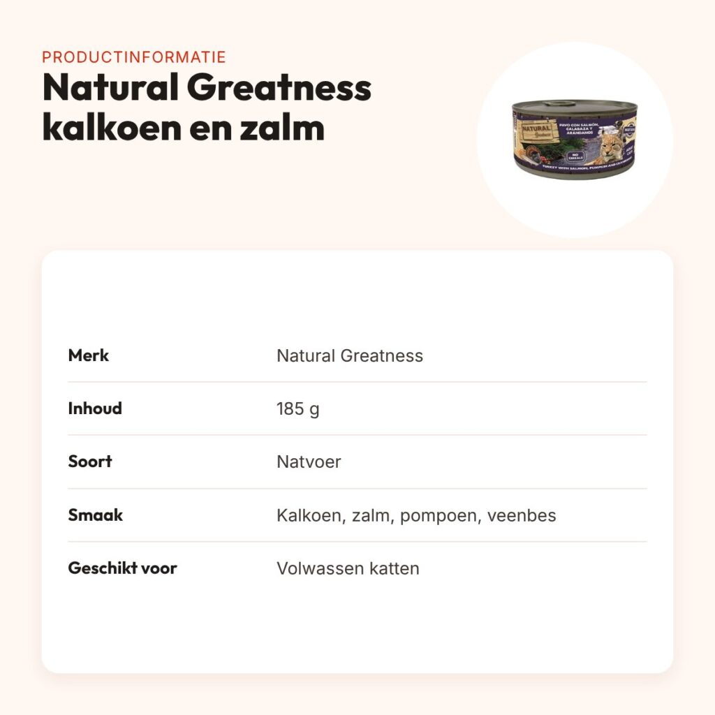 Natural Greatness kattenvoer kalkoen, zalm, pompoen en veenbes 185 g – productinformatie