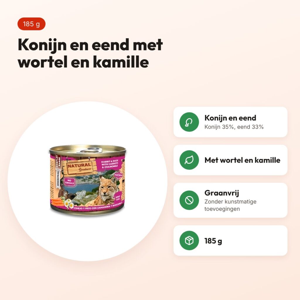 Natural Greatness kattenvoer konijn en eend met wortel en kamille 185 g – voordelen