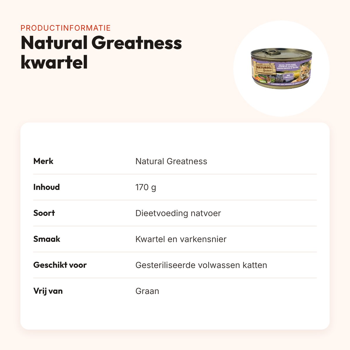 Natural Greatness kattenvoer kwartel en varkensnier 170 g – hypoallergeen – productinformatie