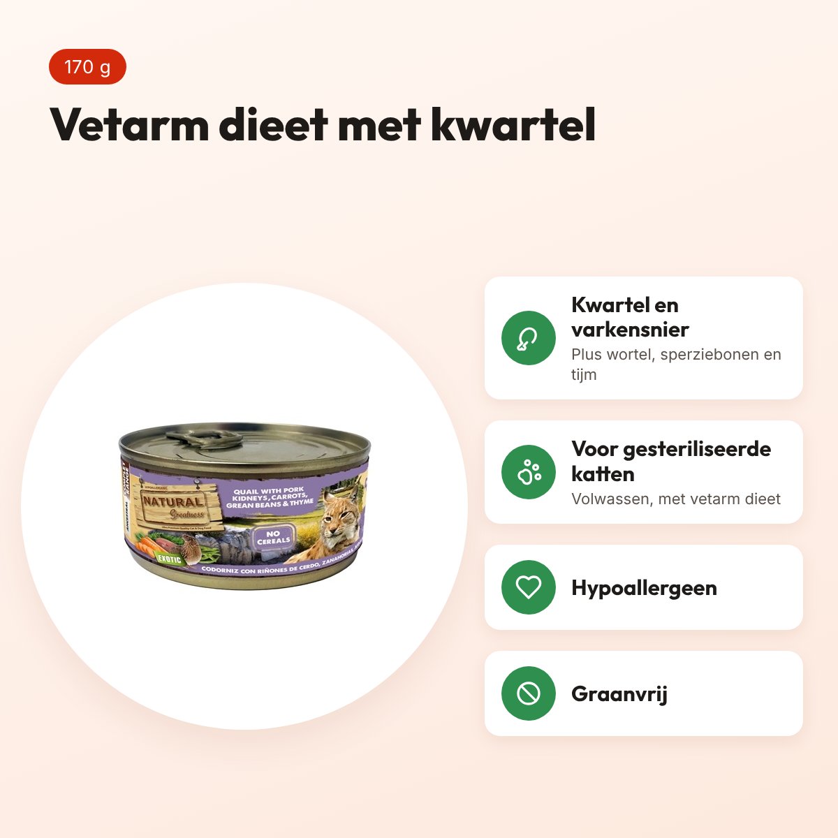Natural Greatness kattenvoer kwartel en varkensnier 170 g – hypoallergeen – voordelen