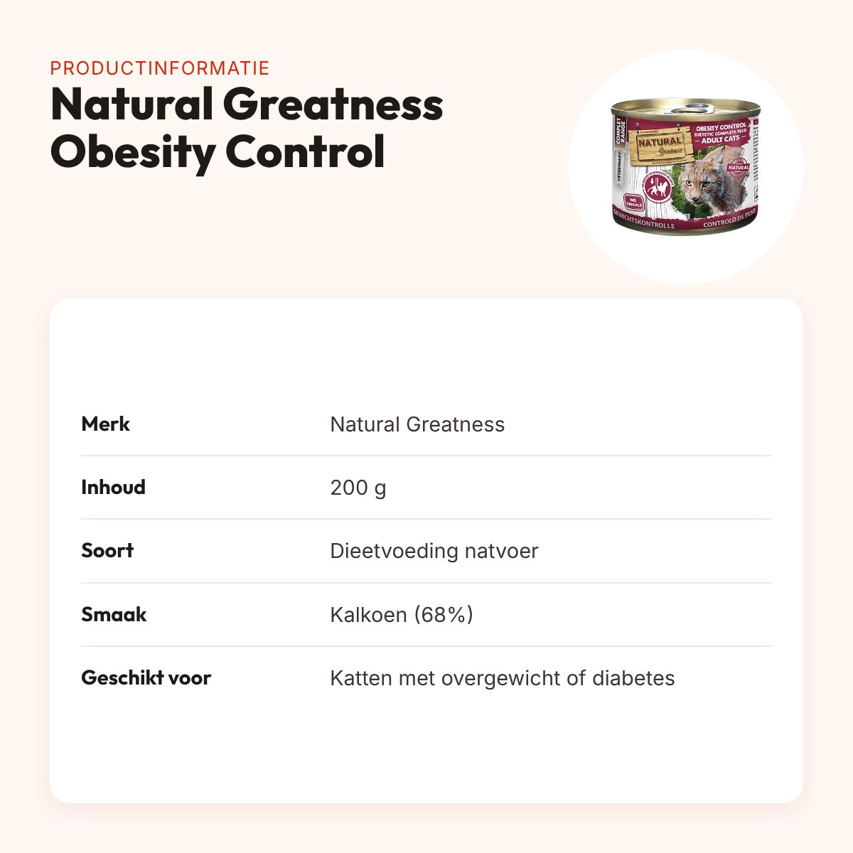 Natural Greatness kattenvoer Obesity Control Dietetic 200 g – kalkoen – productinformatie