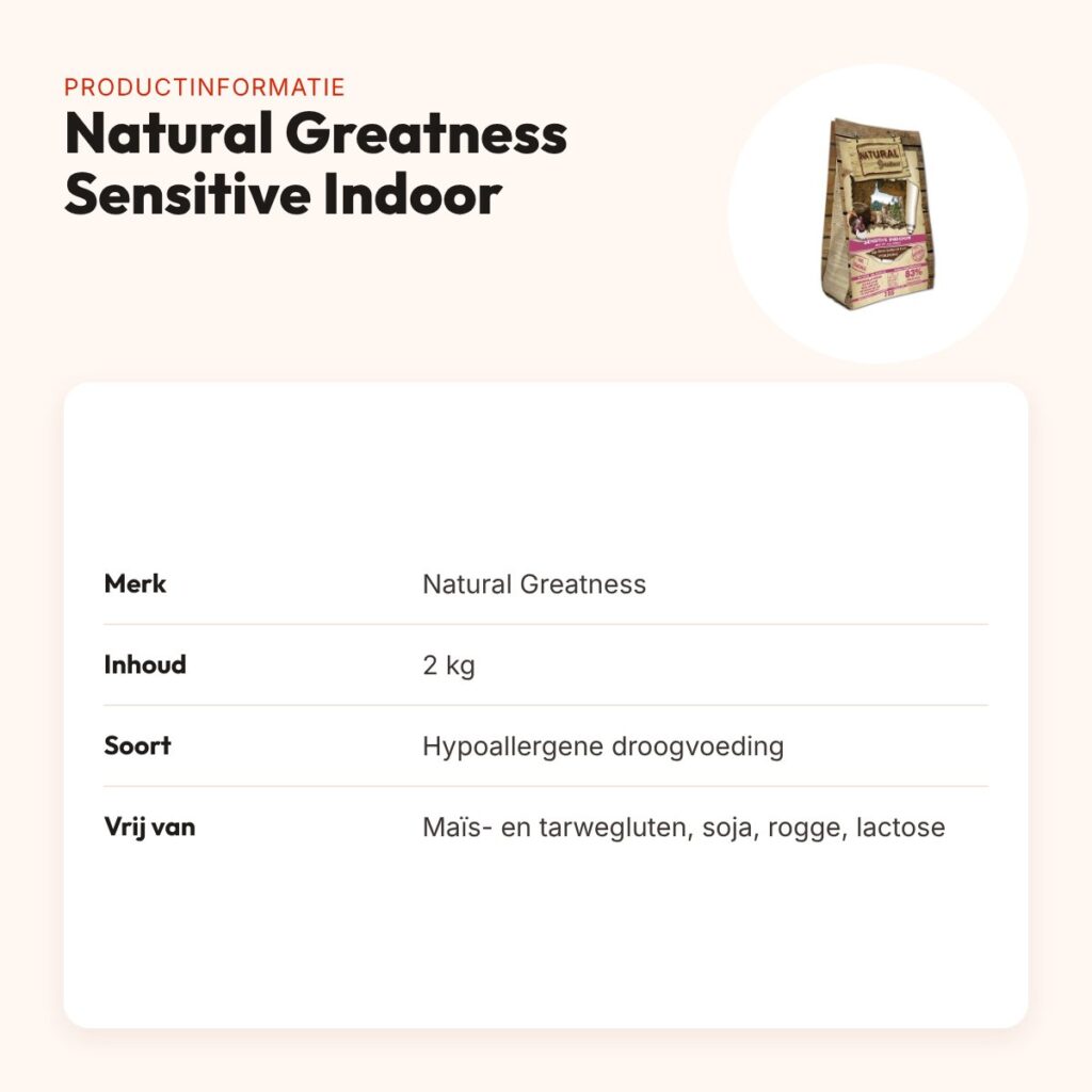Natural Greatness kattenvoer Sensitive Indoor 2 kg – hypoallergeen – productinformatie