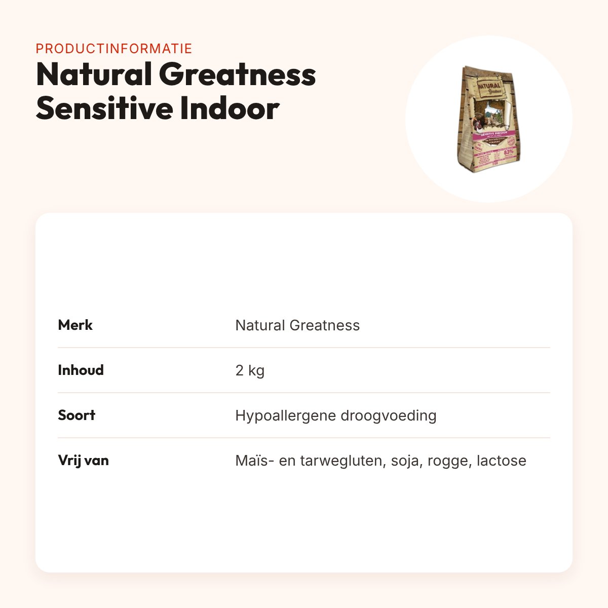 Natural Greatness kattenvoer Sensitive Indoor 2 kg – hypoallergeen – productinformatie