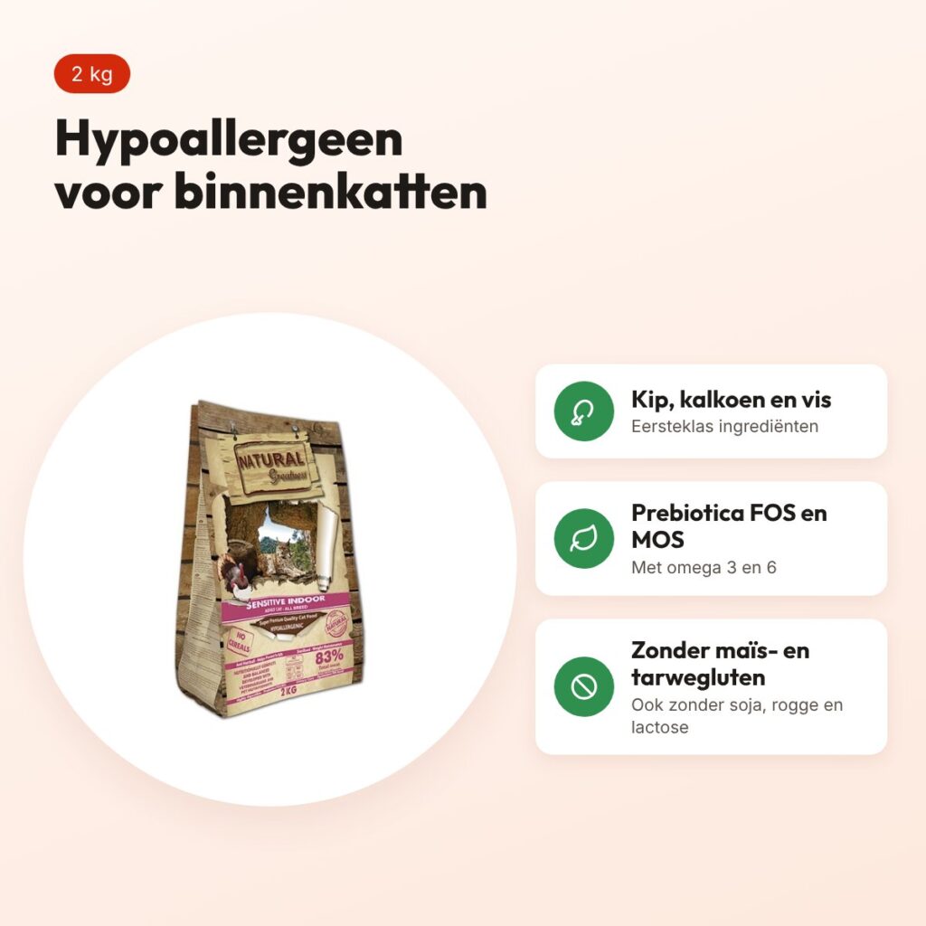 Natural Greatness kattenvoer Sensitive Indoor 2 kg – hypoallergeen – voordelen