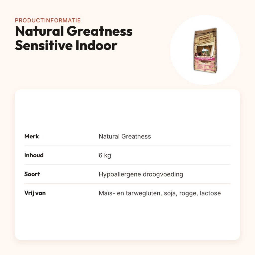 Natural Greatness kattenvoer Sensitive Indoor 6 kg – hypoallergeen – productinformatie