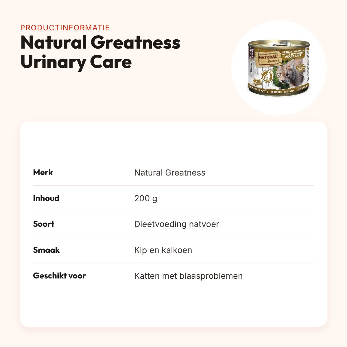 Natural Greatness kattenvoer Urinary Care Dietetic 200 g – graanvrij – productinformatie