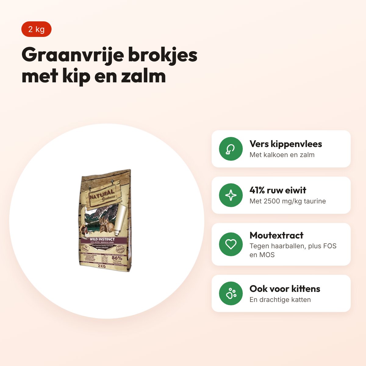 Natural Greatness kattenvoer Wild Instinct Medium/Large 2 kg – veel vlees – voordelen