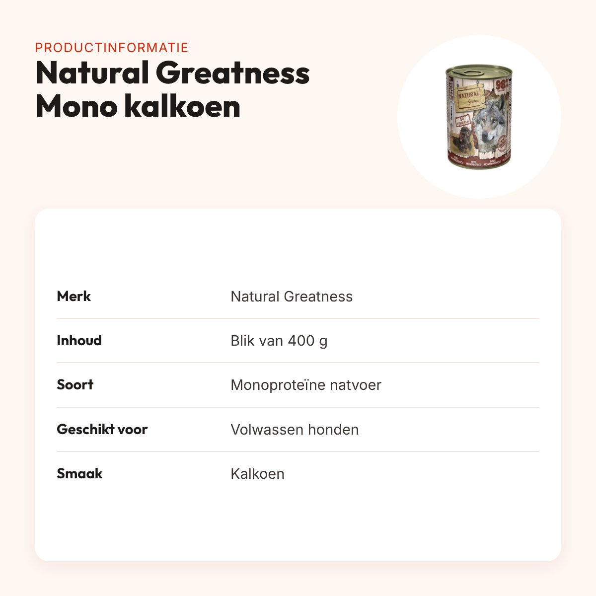 Natural Greatness Monoprotein hondenvoer kalkoen 400 g – hypoallergeen – productinformatie