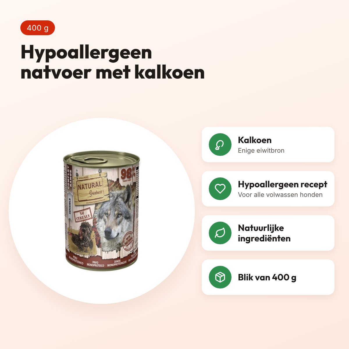 Natural Greatness Monoprotein hondenvoer kalkoen 400 g – hypoallergeen – voordelen