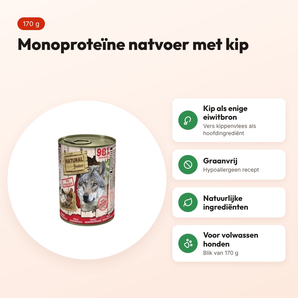 Natural Greatness Monoprotein hondenvoer kip 170 g – graanvrij – voordelen