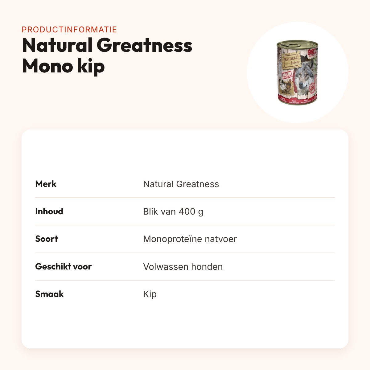 Natural Greatness Monoprotein hondenvoer kip 400 g – hypoallergeen – productinformatie