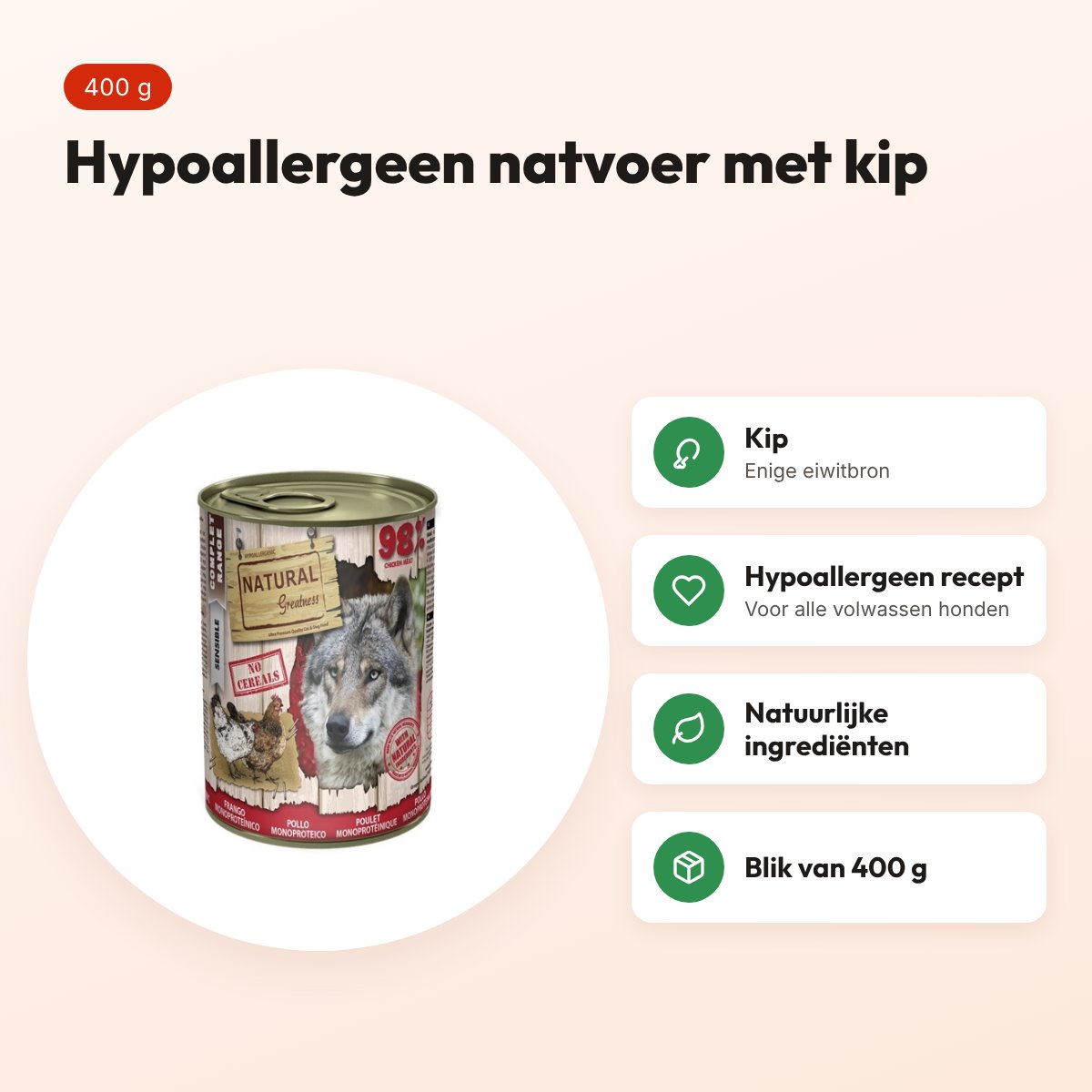 Natural Greatness Monoprotein hondenvoer kip 400 g – hypoallergeen – voordelen