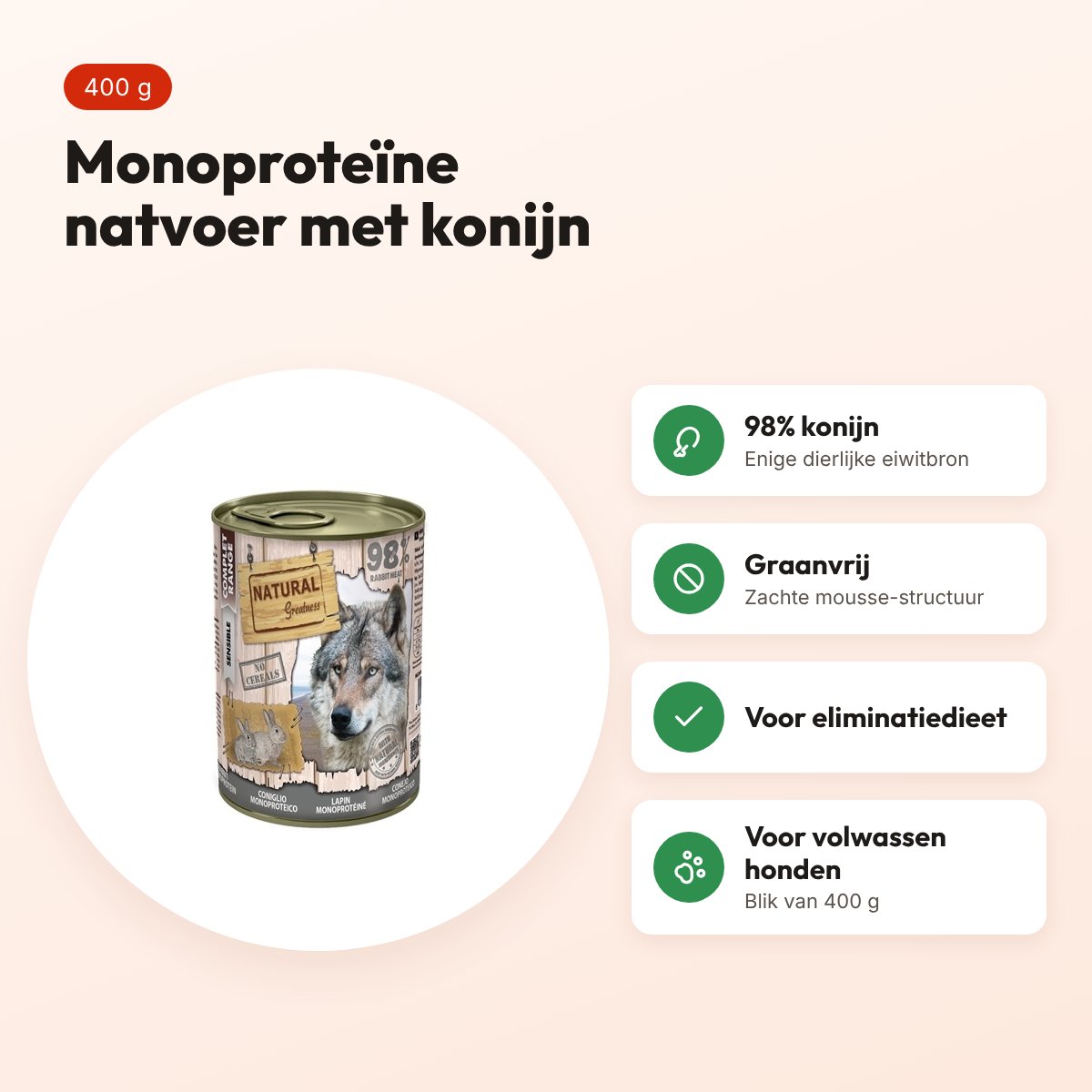 Natural Greatness Monoprotein hondenvoer konijn 400 g – graanvrij – voordelen