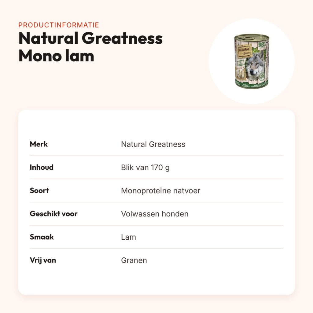 Natural Greatness Monoprotein hondenvoer lam 170 g – graanvrij – productinformatie