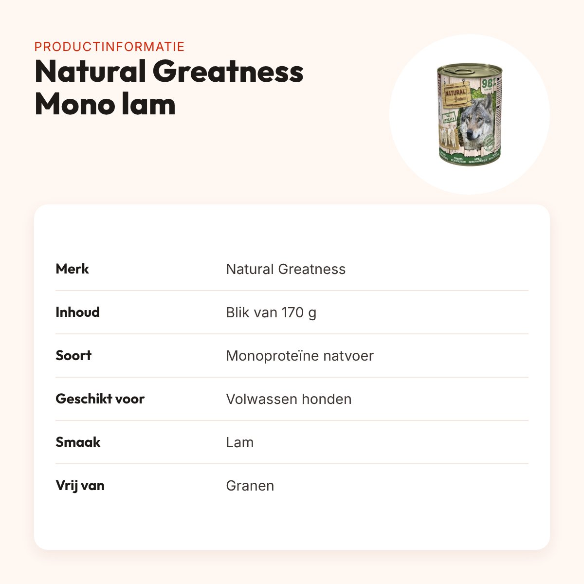 Natural Greatness Monoprotein hondenvoer lam 170 g – graanvrij – productinformatie