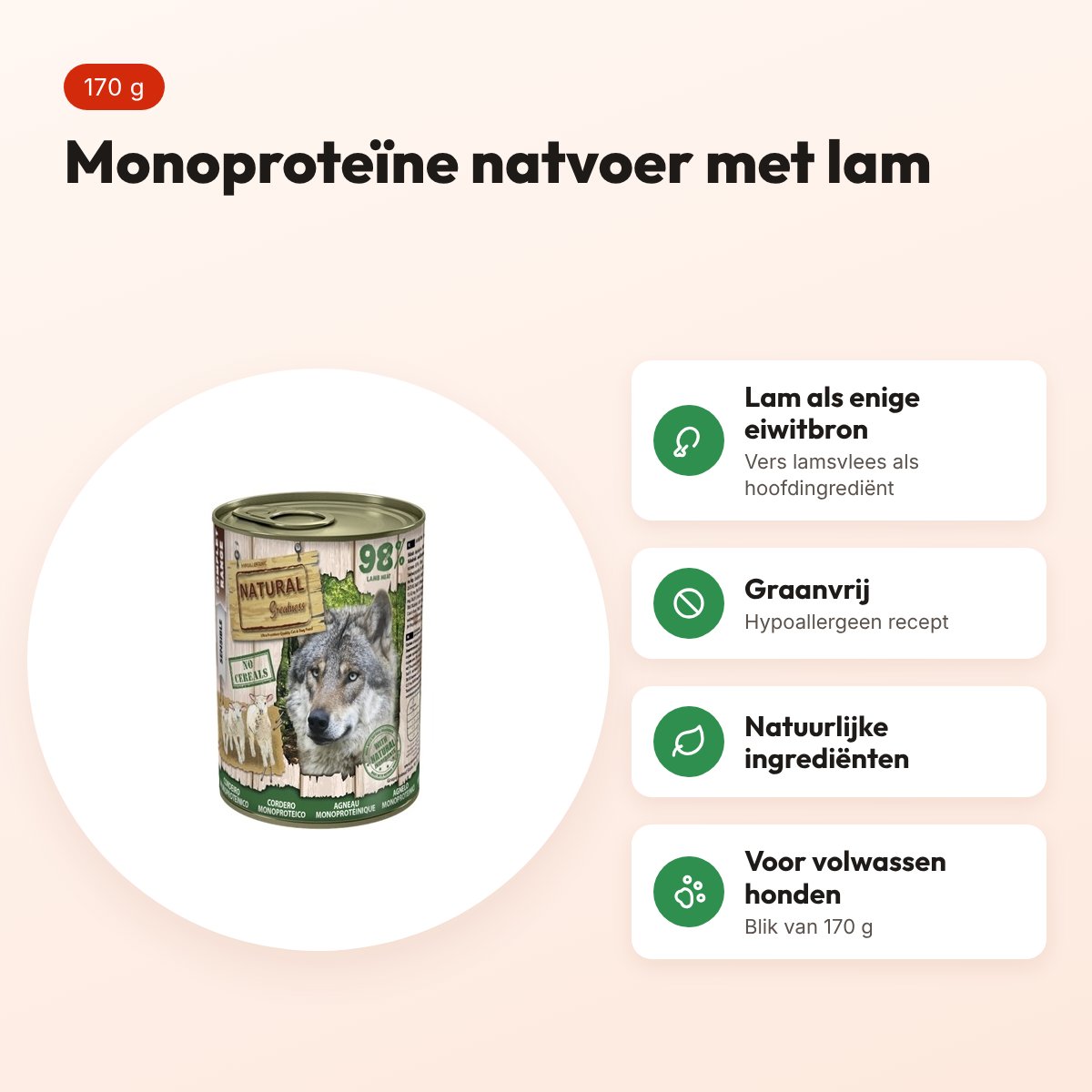 Natural Greatness Monoprotein hondenvoer lam 170 g – graanvrij – voordelen