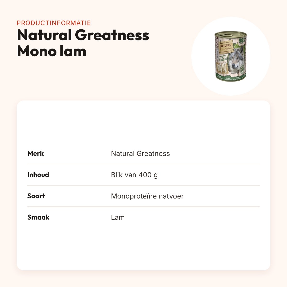 Natural Greatness Monoprotein hondenvoer lam 400 g – hypoallergeen – productinformatie