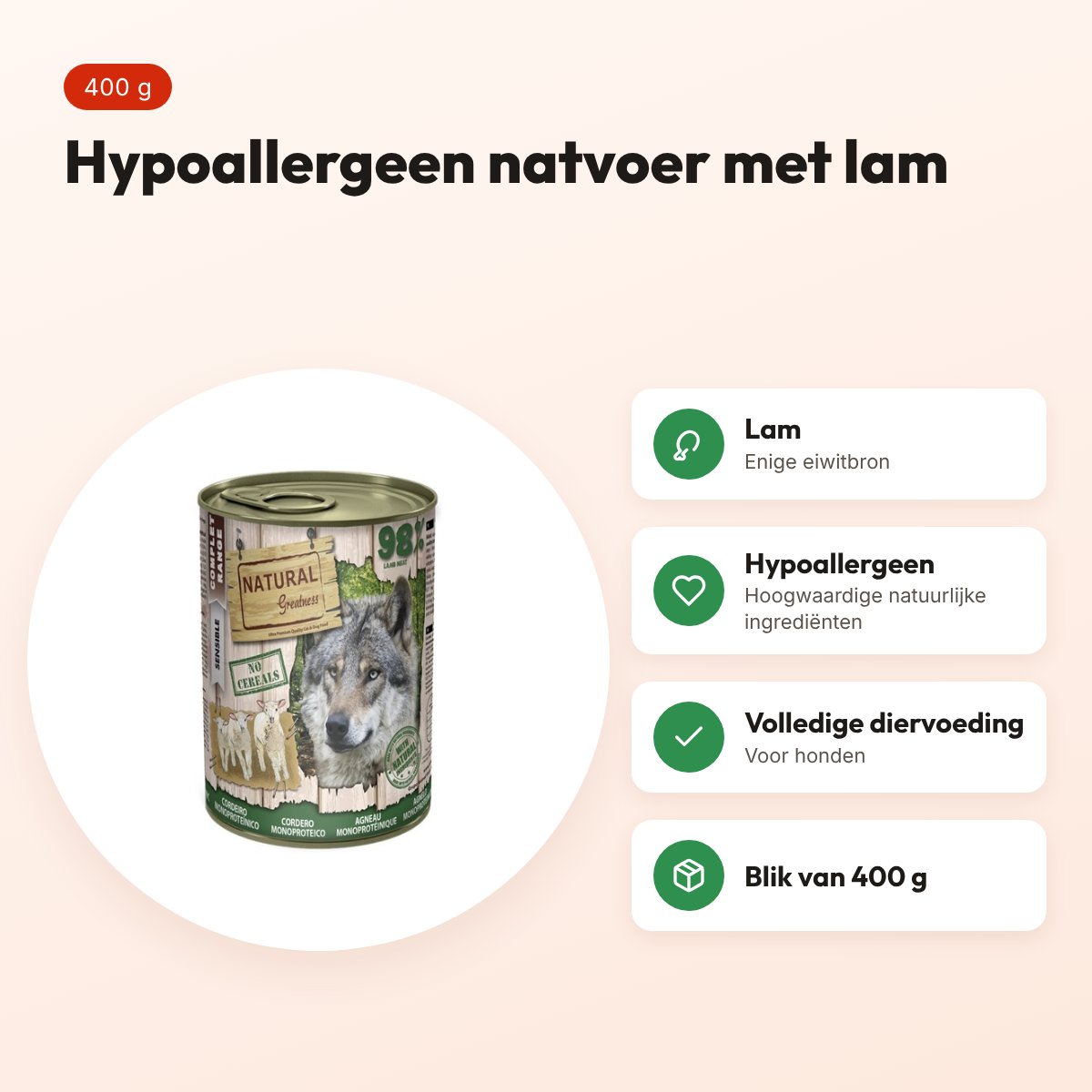 Natural Greatness Monoprotein hondenvoer lam 400 g – hypoallergeen – voordelen