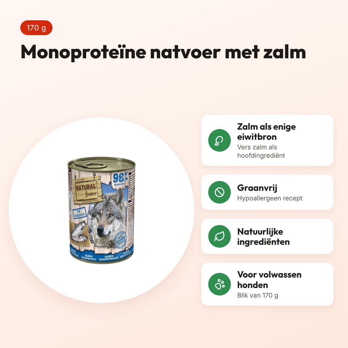 Natural Greatness Monoprotein hondenvoer zalm 170 g – graanvrij – voordelen