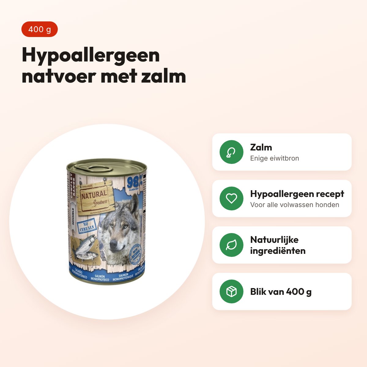 Natural Greatness Monoprotein hondenvoer zalm 400 g – hypoallergeen – voordelen