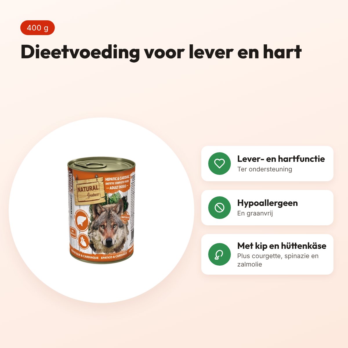 Natural Greatness Veterinary Diet hondenvoer Hepatic/Cardiac 400 g – voordelen