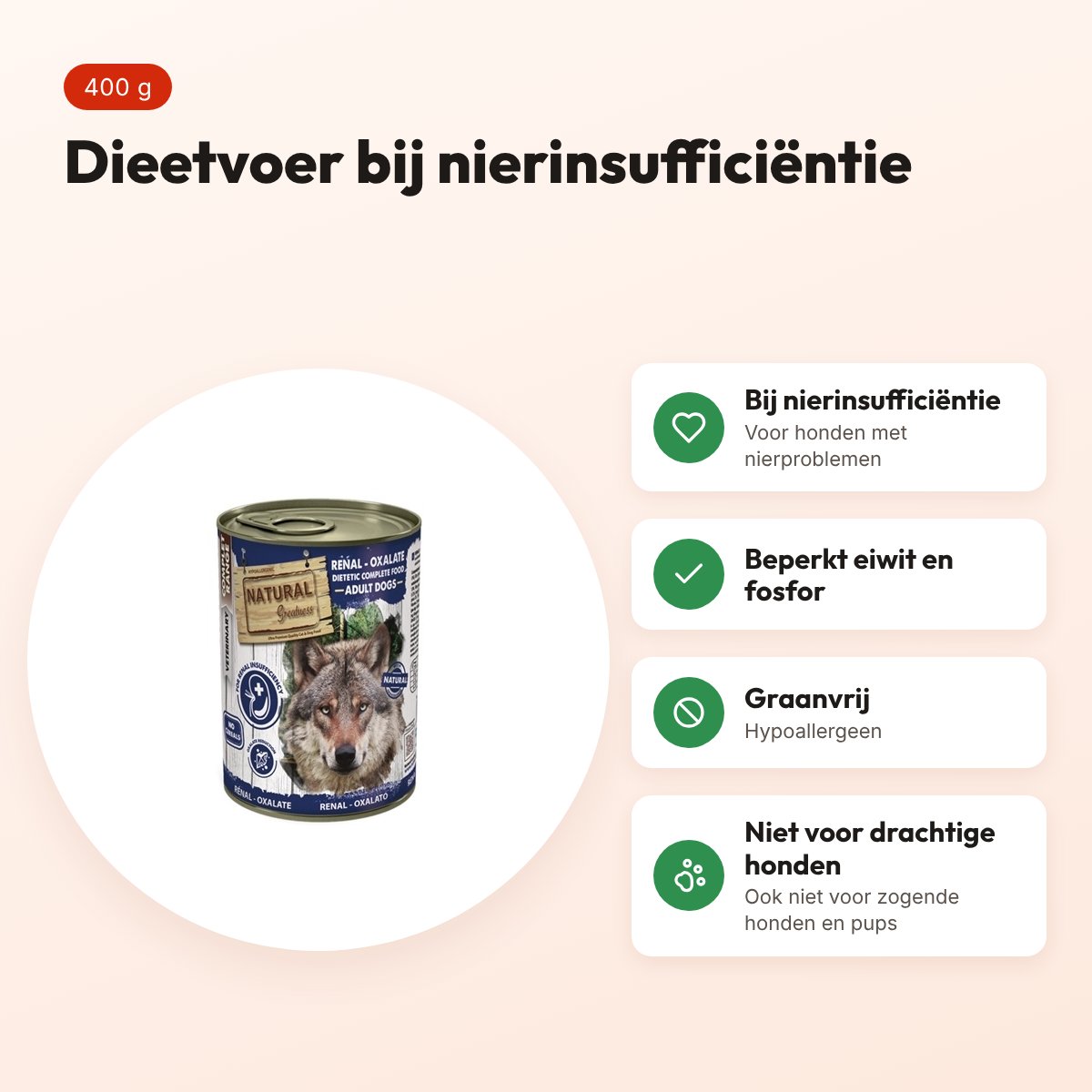 Natural Greatness Veterinary Diet hondenvoer Renal Oxalate Adult 400 g – voordelen