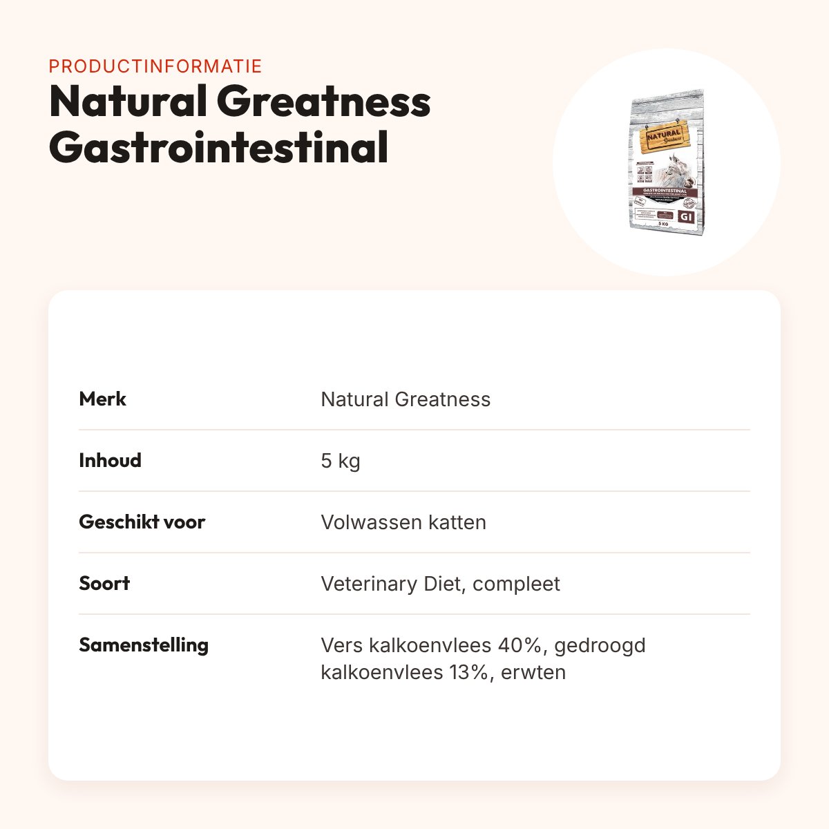 Natural Greatness Veterinary Diet kattenvoer Gastrointestinal 5 kg – productinformatie