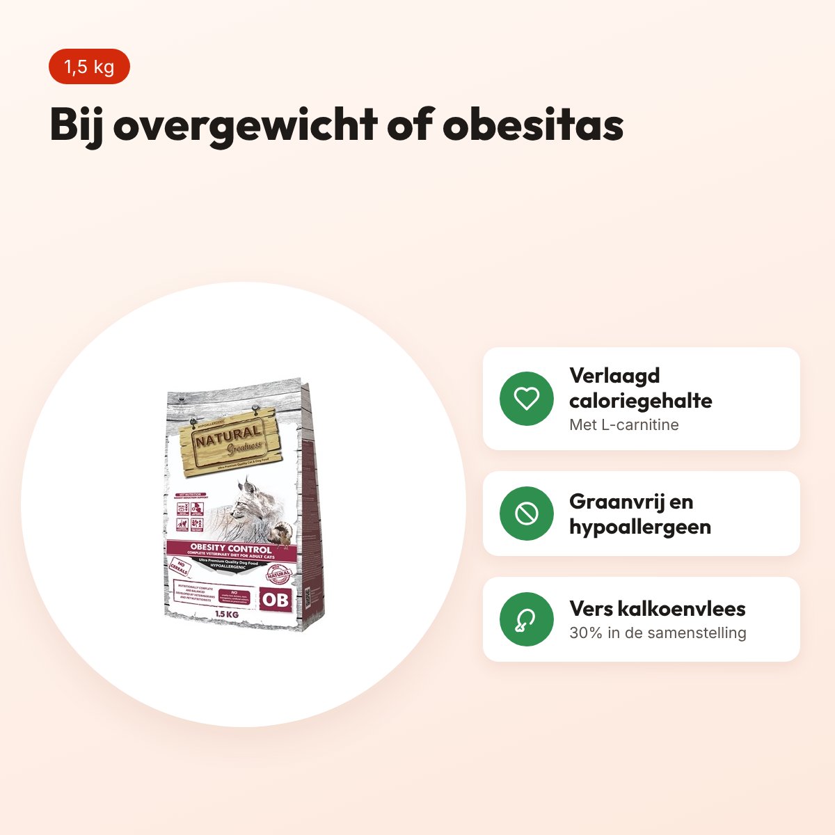 Natural Greatness Veterinary Diet kattenvoer Obesity Control 1,5 kg – voordelen