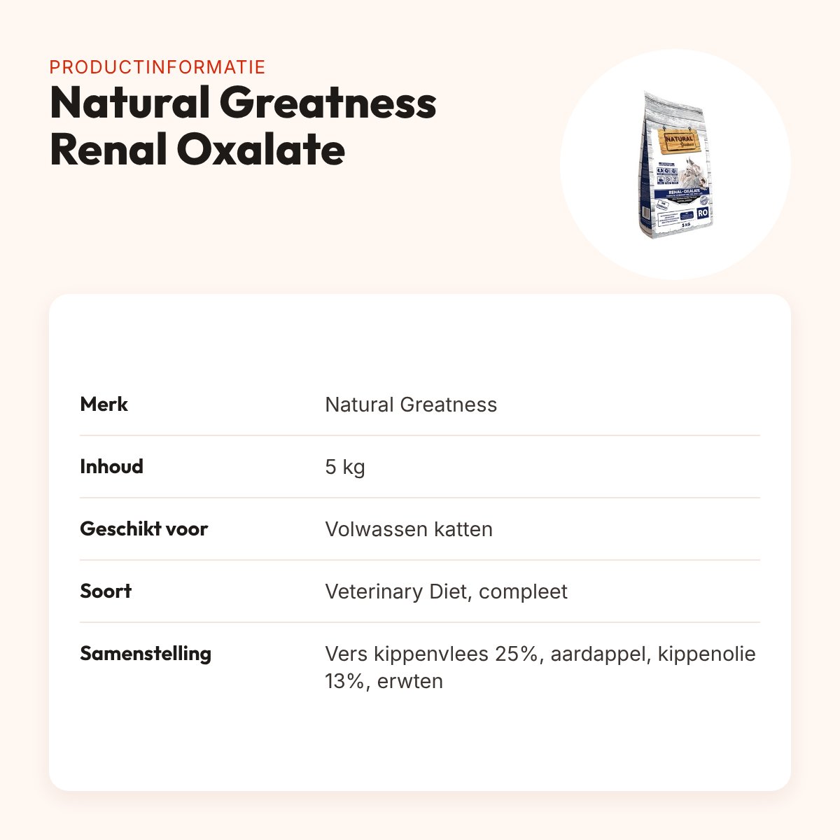 Natural Greatness Veterinary Diet kattenvoer Renal Oxalate 5 kg – productinformatie