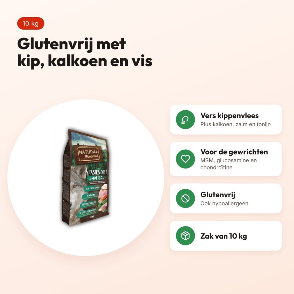 Natural Woodland hondenvoer 4 Tastes Diet 10 kg – glutenvrij, hypoallergeen – voordelen