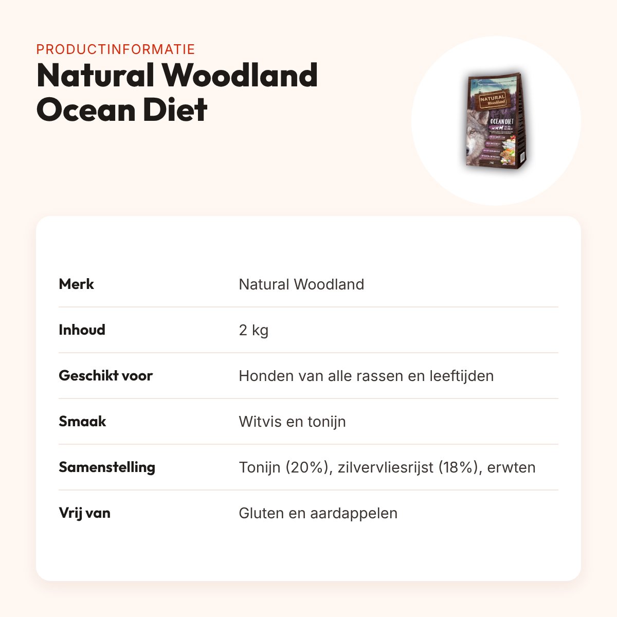 Natural Woodland hondenvoer Ocean Diet witvis en tonijn 2 kg – glutenvrij – productinformatie